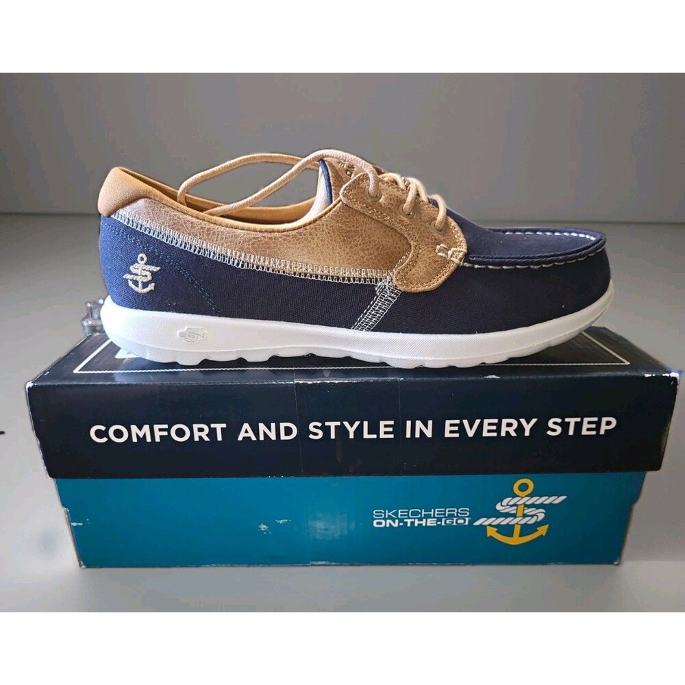 SKECHERS On-The-Go GO Walk Lite-Coral Washable Boat Shoe Navy/Brown 8.5